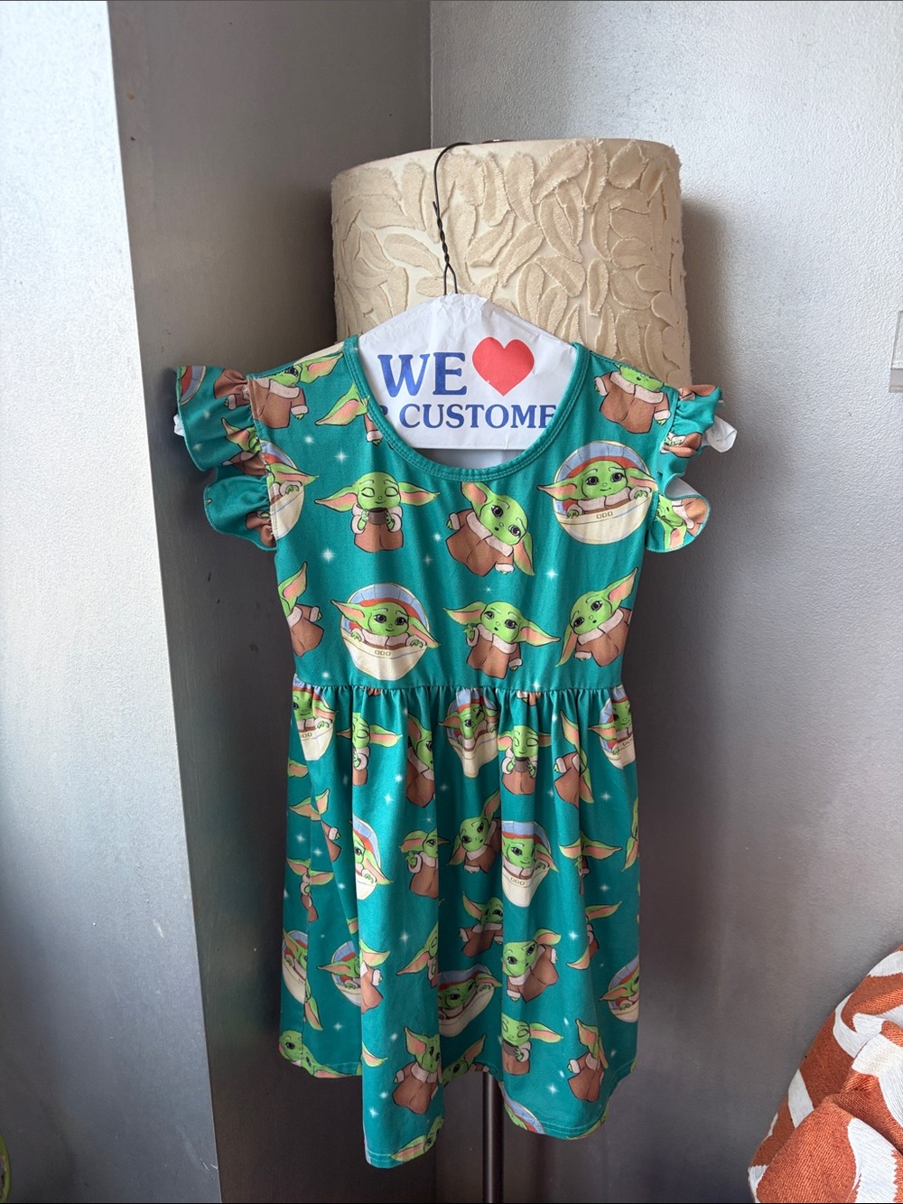 Green Printed Girls Ruffle Sleeve Casual Dress with baby yota